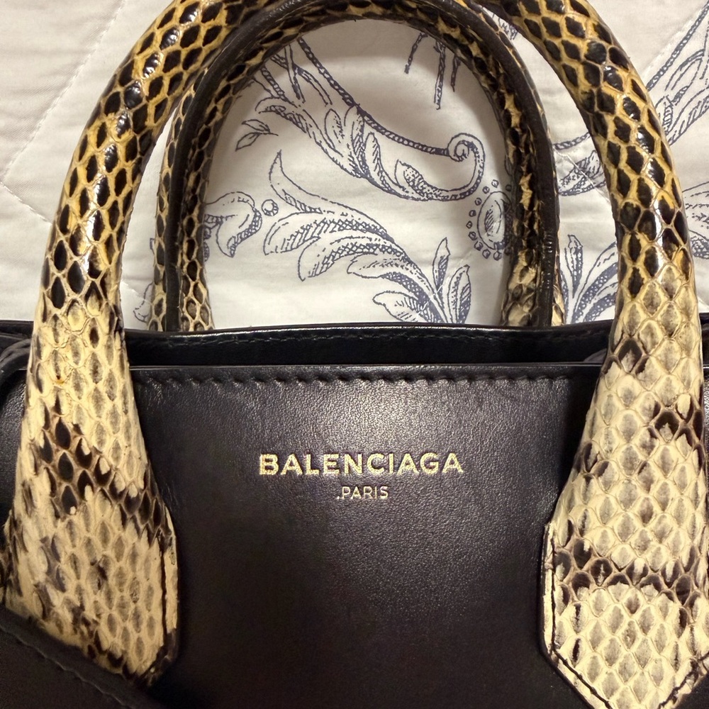 Balenciaga Black Leather Satchel with Snakeskin-Print Handles - Picture 3 of 15